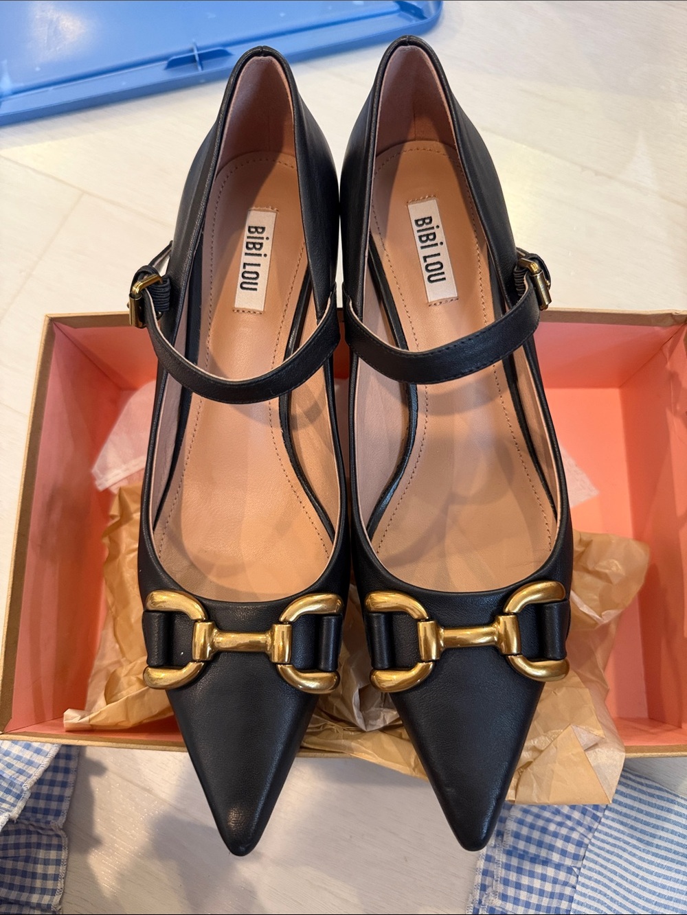 Bibi Lou Black Leather Pointed Mary Jane Pumps with Gold Bit - Picture 6 of 10